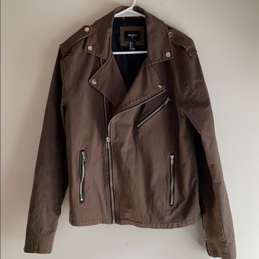 Forever 21 Men Canvas Moto Jacket Brown size S